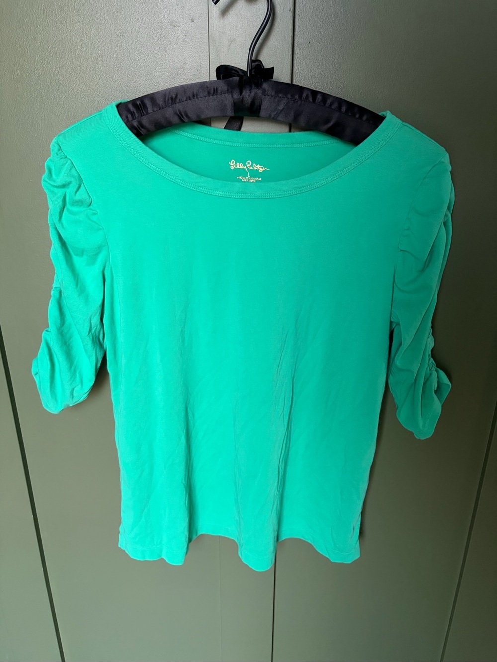 Lilly Pulitzer Teal Green Ruched-Sleeve Short Sleeve Top